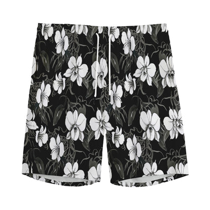 Black And White Cattleya Pattern Print Men's Sports Shorts
