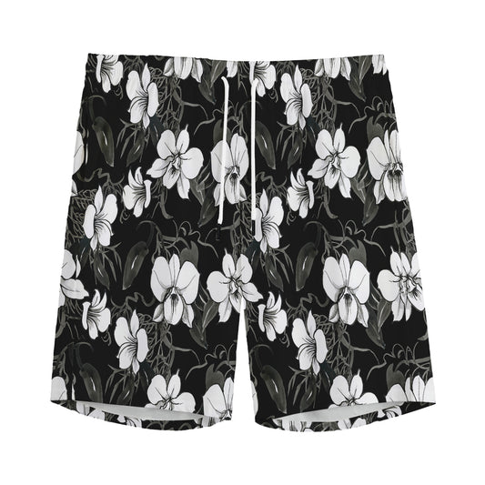 Black And White Cattleya Pattern Print Men's Sports Shorts