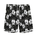 Black And White Cattleya Pattern Print Men's Sports Shorts