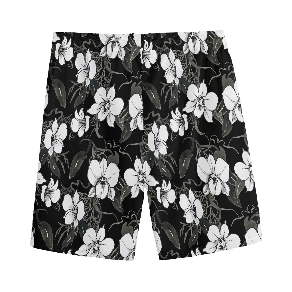 Black And White Cattleya Pattern Print Men's Sports Shorts