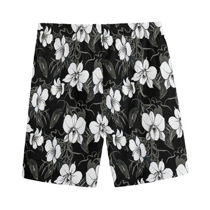 Black And White Cattleya Pattern Print Men's Sports Shorts