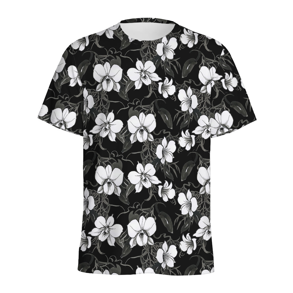 Black And White Cattleya Pattern Print Men's Sports T-Shirt