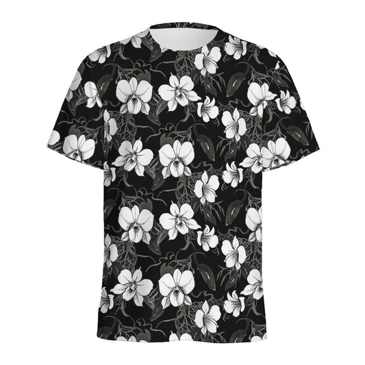 Black And White Cattleya Pattern Print Men's Sports T-Shirt