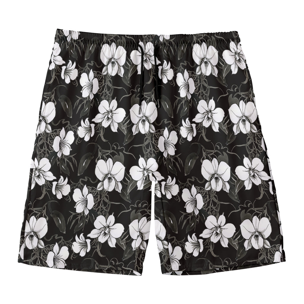 Black And White Cattleya Pattern Print Men's Swim Trunks