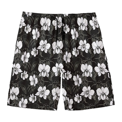 Black And White Cattleya Pattern Print Men's Swim Trunks