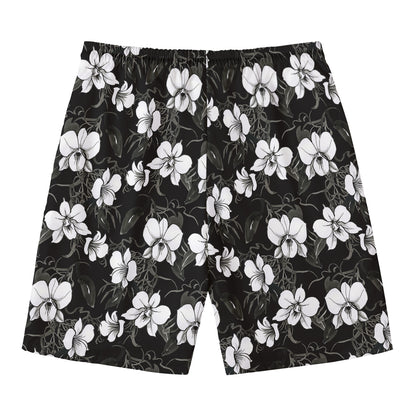 Black And White Cattleya Pattern Print Men's Swim Trunks