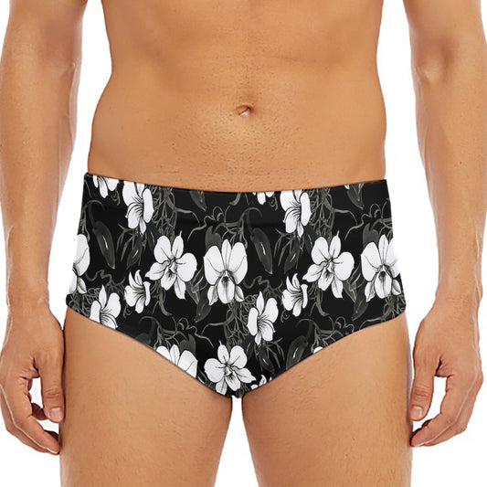 Black And White Cattleya Pattern Print Men's Triangle Swim Briefs