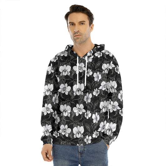 Black And White Cattleya Pattern Print Men's Velvet Pullover Hoodie