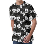 Black And White Cattleya Pattern Print Men's Velvet T-Shirt