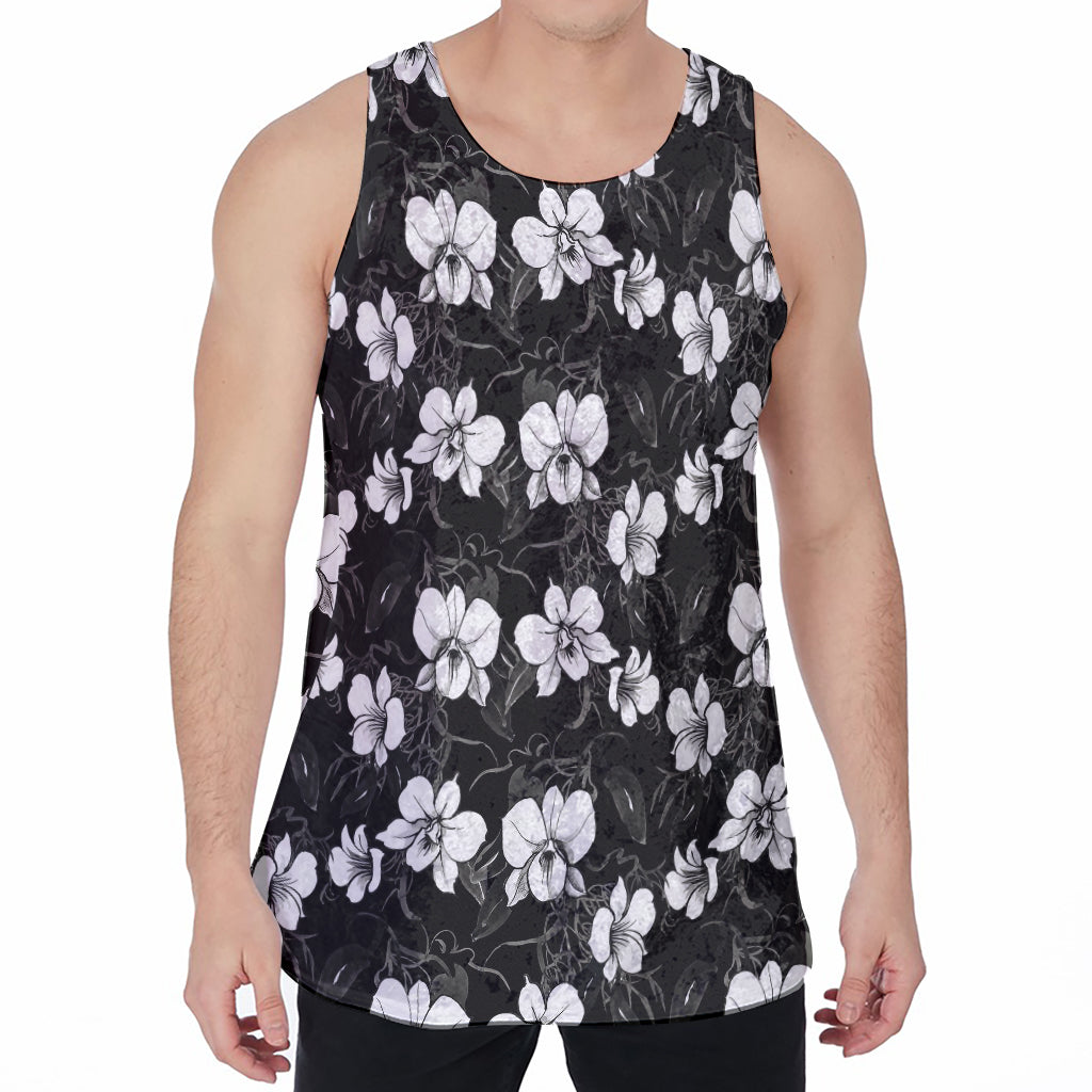 Black And White Cattleya Pattern Print Men's Velvet Tank Top