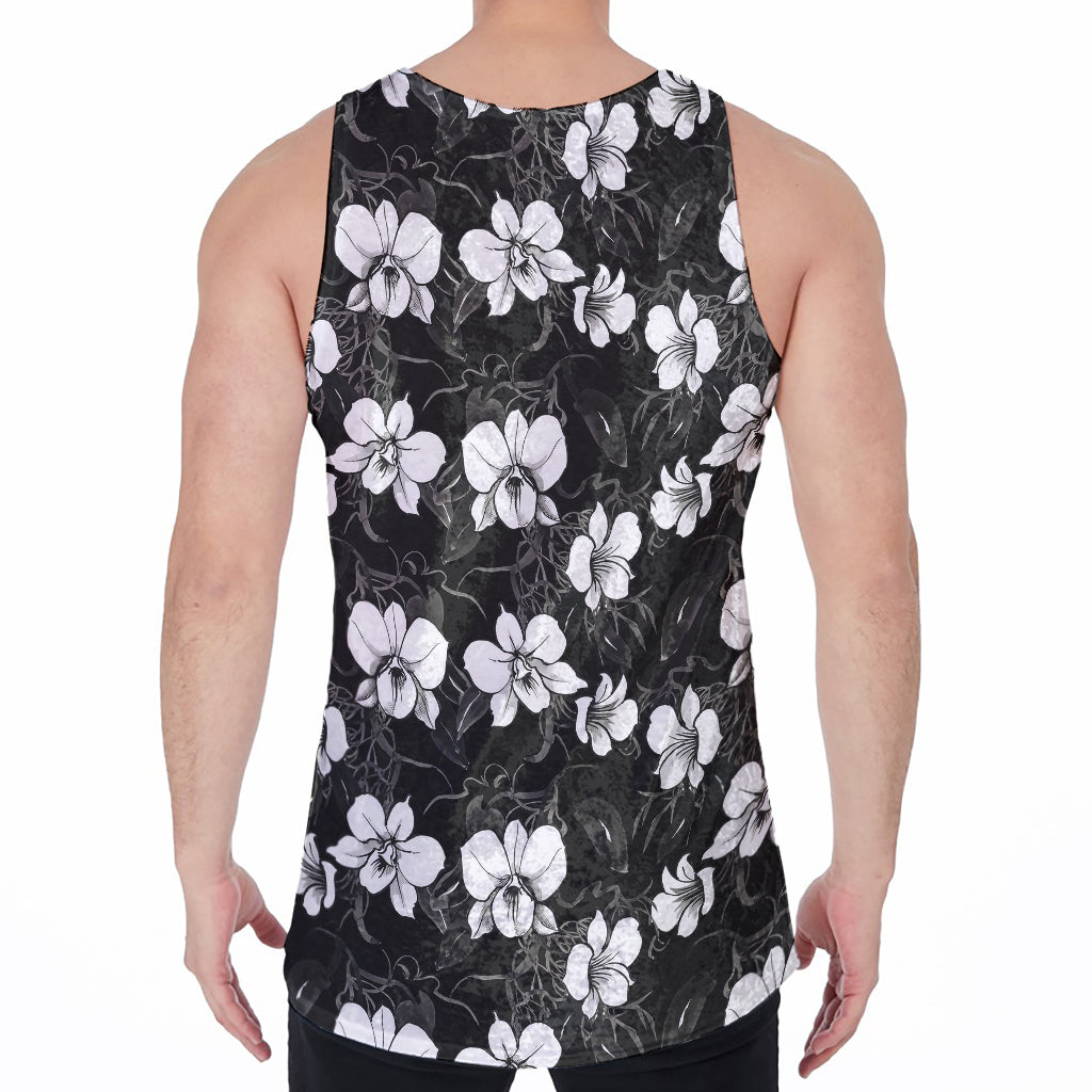 Black And White Cattleya Pattern Print Men's Velvet Tank Top