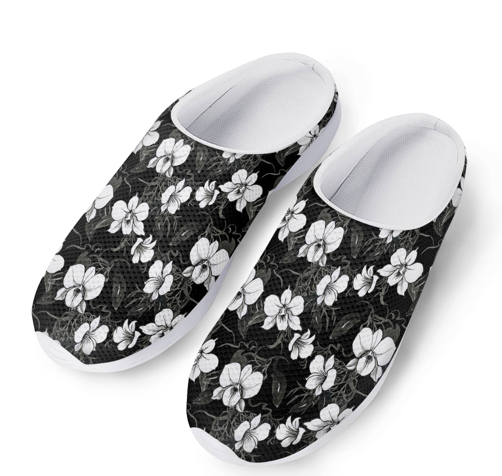 Black And White Cattleya Pattern Print Mesh Casual Shoes