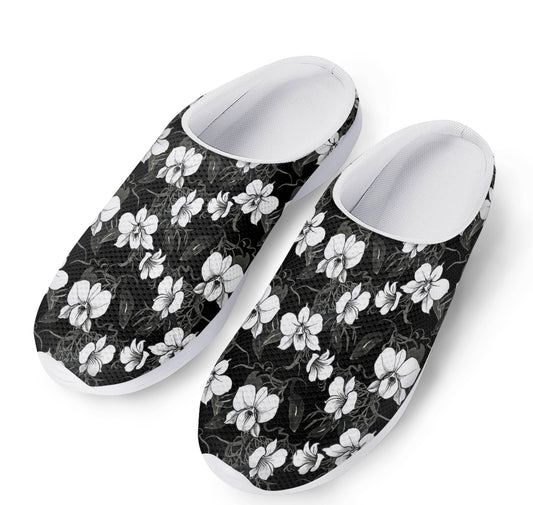 Black And White Cattleya Pattern Print Mesh Casual Shoes