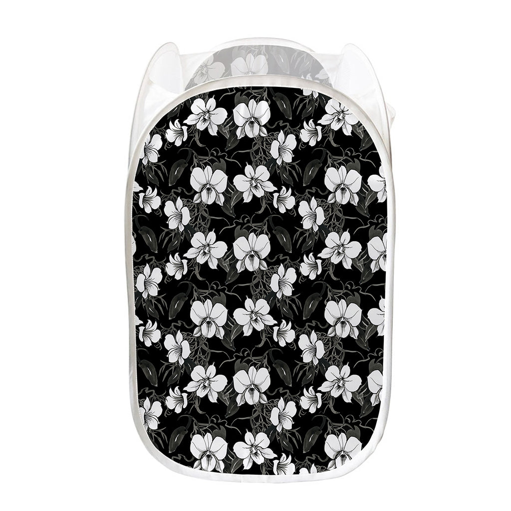 Black And White Cattleya Pattern Print Mesh Laundry Hamper