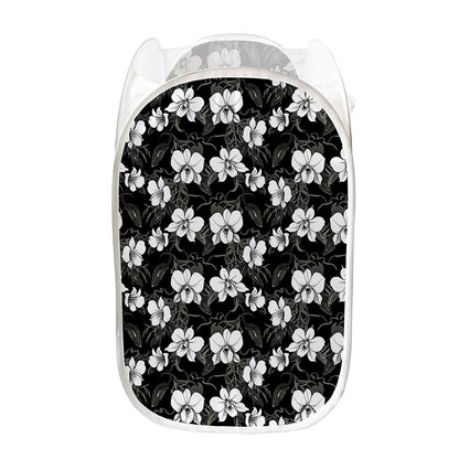 Black And White Cattleya Pattern Print Mesh Laundry Hamper