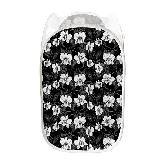 Black And White Cattleya Pattern Print Mesh Laundry Hamper