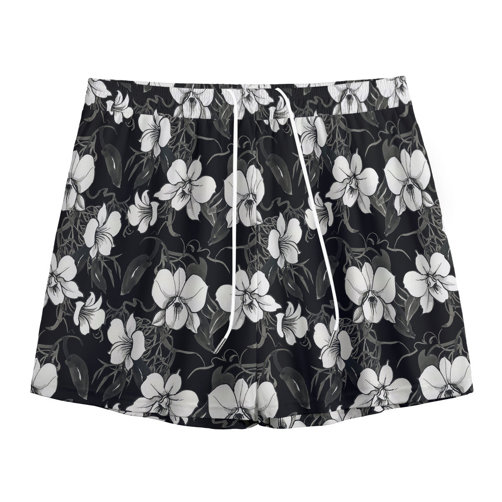 Black And White Cattleya Pattern Print Mesh Shorts