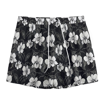 Black And White Cattleya Pattern Print Mesh Shorts