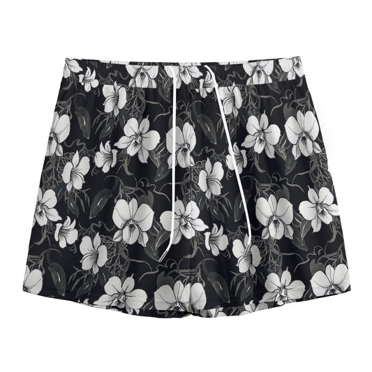 Black And White Cattleya Pattern Print Mesh Shorts