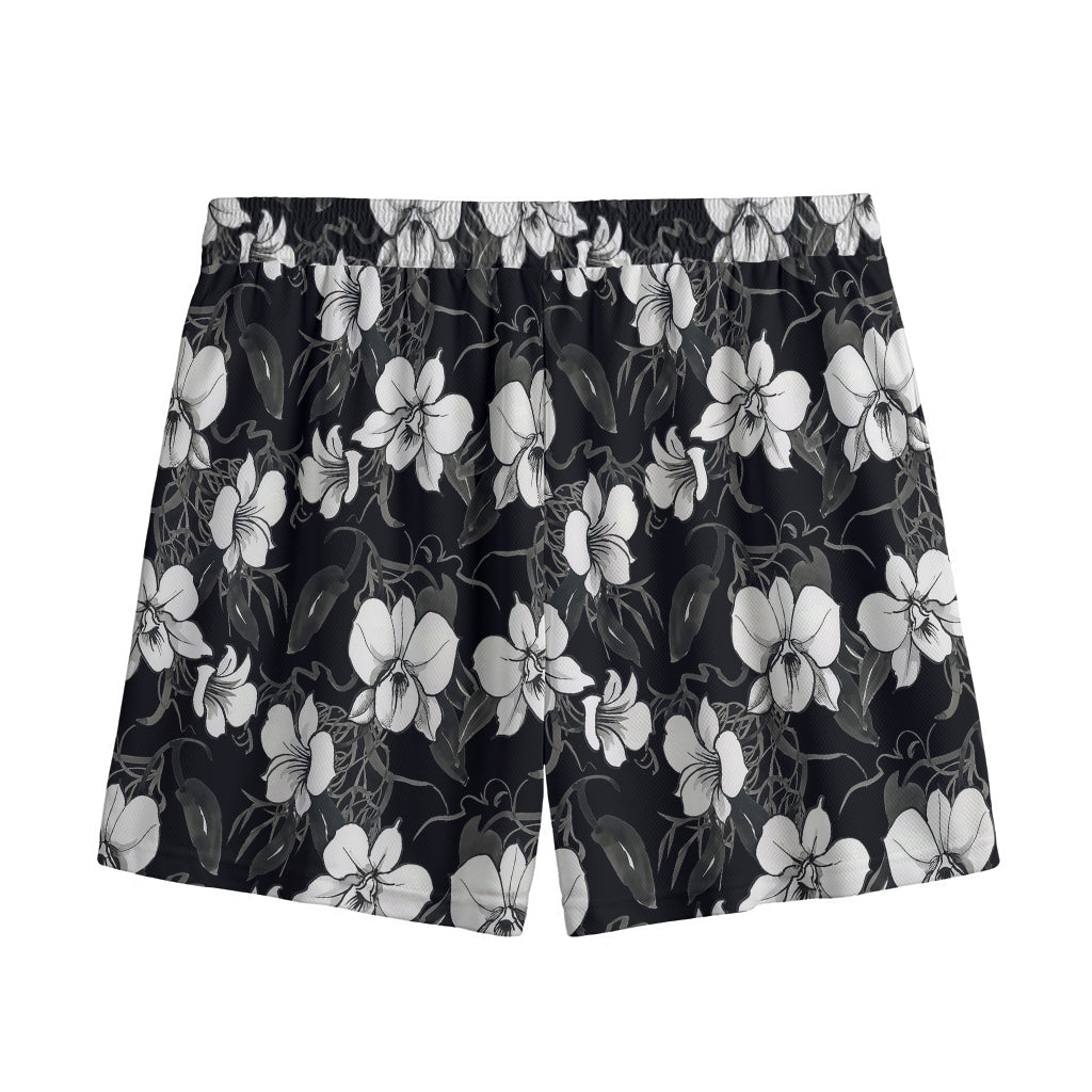 Black And White Cattleya Pattern Print Mesh Shorts