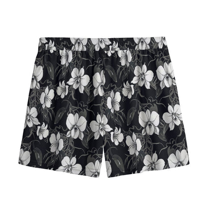 Black And White Cattleya Pattern Print Mesh Shorts