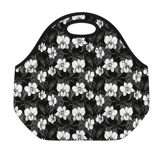 Black And White Cattleya Pattern Print Neoprene Lunch Bag