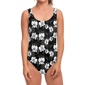 Black And White Cattleya Pattern Print One Piece Swimsuit