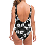 Black And White Cattleya Pattern Print One Piece Swimsuit