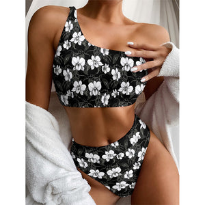 Black And White Cattleya Pattern Print One Shoulder Bikini Top