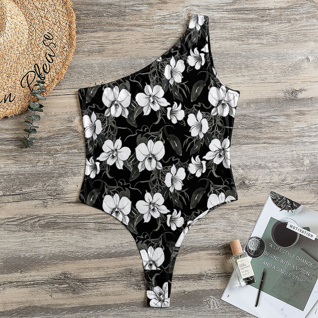 Black And White Cattleya Pattern Print One Shoulder Bodysuit