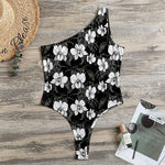 Black And White Cattleya Pattern Print One Shoulder Bodysuit