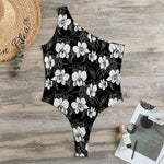 Black And White Cattleya Pattern Print One Shoulder Bodysuit