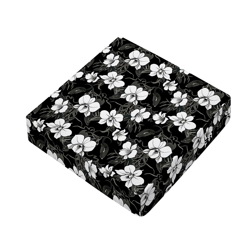 Black And White Cattleya Pattern Print Outdoor Seat Cushion Cover