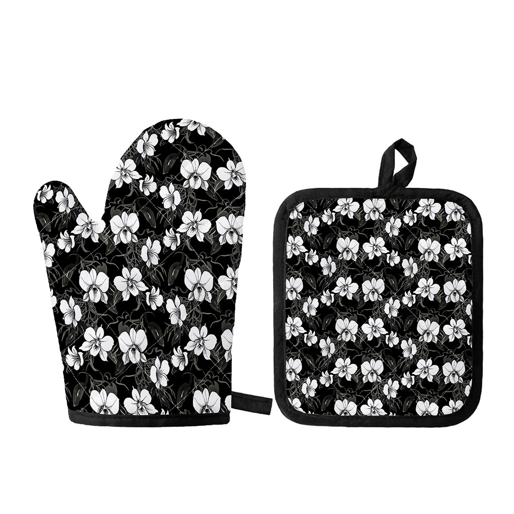 Black And White Cattleya Pattern Print Oven Mitt And Pot Holder Set