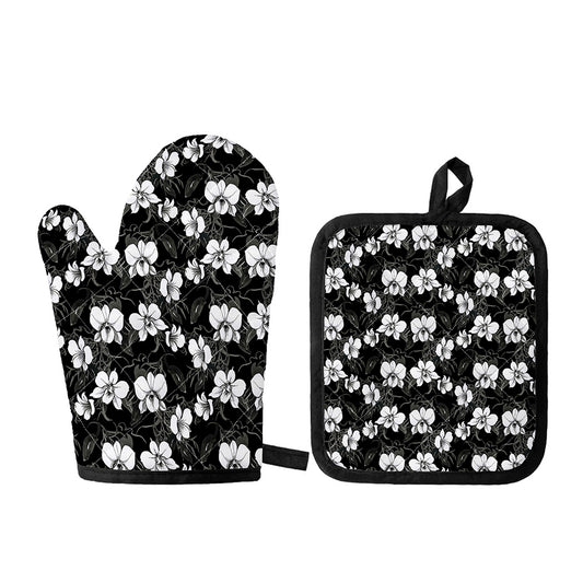 Black And White Cattleya Pattern Print Oven Mitt And Pot Holder Set