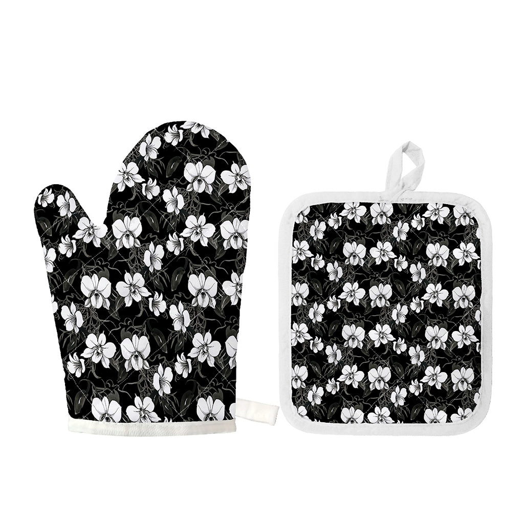 Black And White Cattleya Pattern Print Oven Mitt And Pot Holder Set