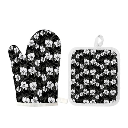 Black And White Cattleya Pattern Print Oven Mitt And Pot Holder Set