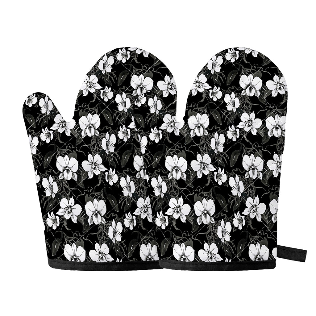 Black And White Cattleya Pattern Print Oven Mitts