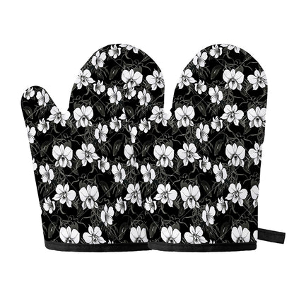 Black And White Cattleya Pattern Print Oven Mitts