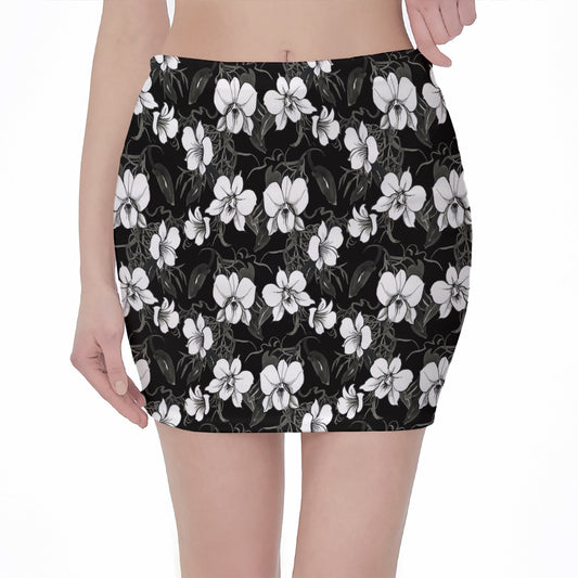 Black And White Cattleya Pattern Print Pencil Mini Skirt