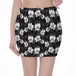 Black And White Cattleya Pattern Print Pencil Mini Skirt