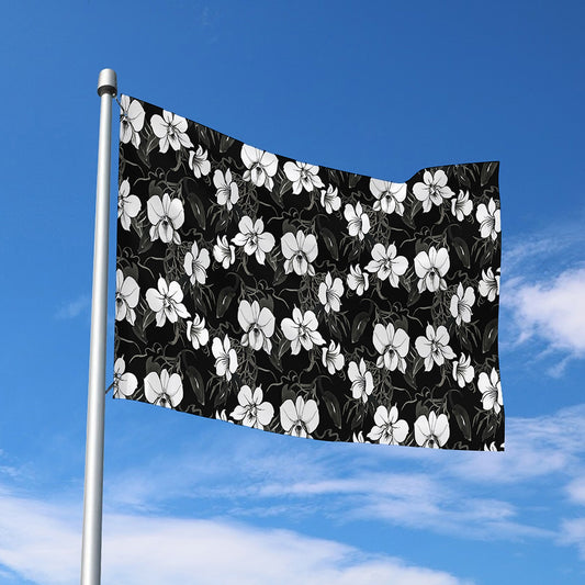 Black And White Cattleya Pattern Print Polyester Flag