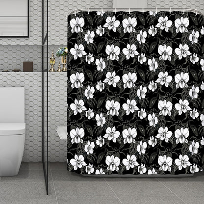 Black And White Cattleya Pattern Print Polyester Shower Curtain