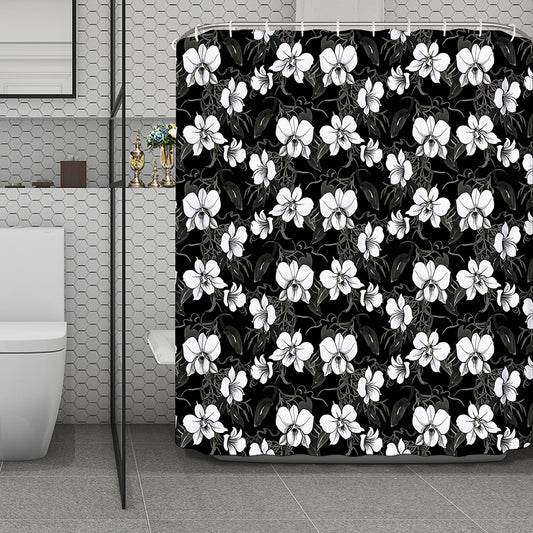 Black And White Cattleya Pattern Print Polyester Shower Curtain