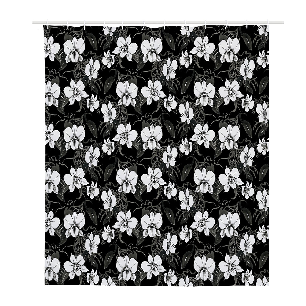 Black And White Cattleya Pattern Print Polyester Shower Curtain