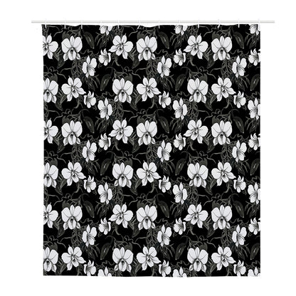 Black And White Cattleya Pattern Print Polyester Shower Curtain
