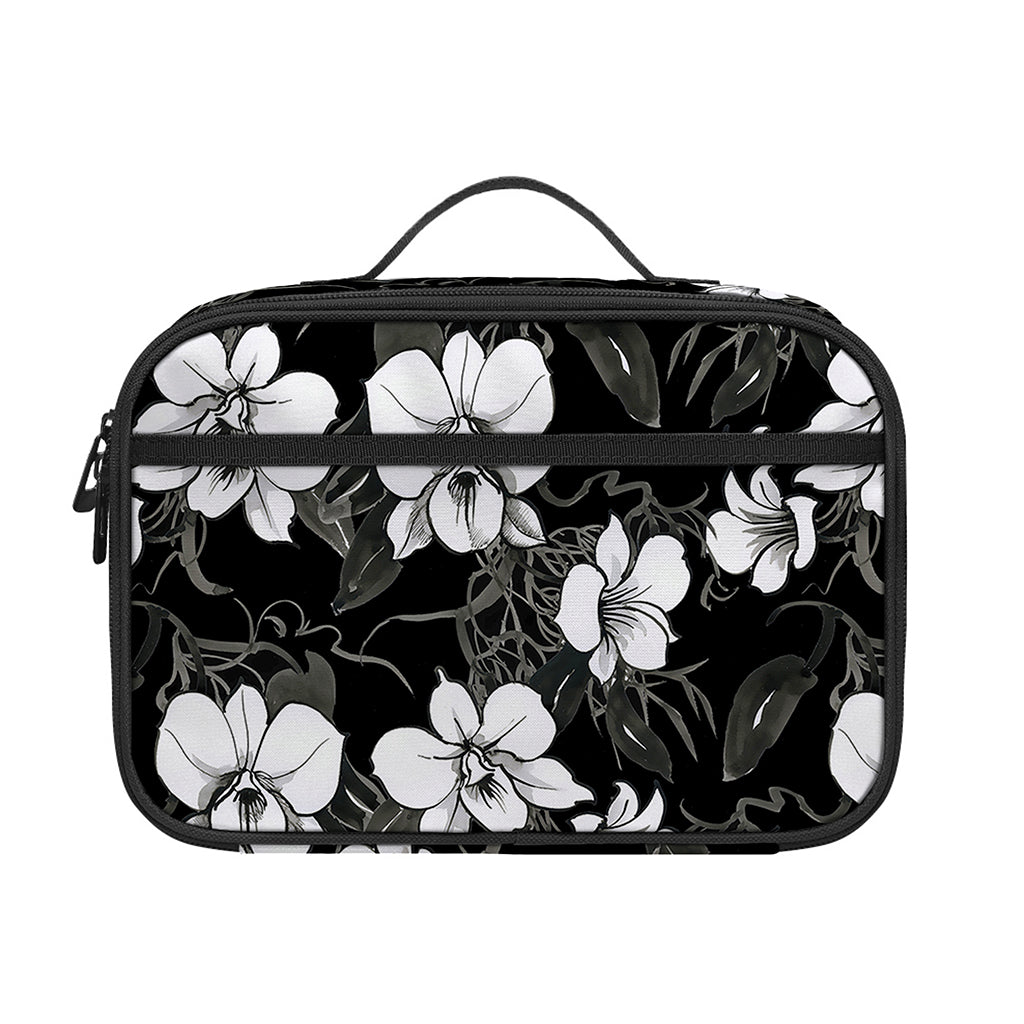 Black And White Cattleya Pattern Print Portable Lunch Bag