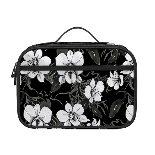 Black And White Cattleya Pattern Print Portable Lunch Bag