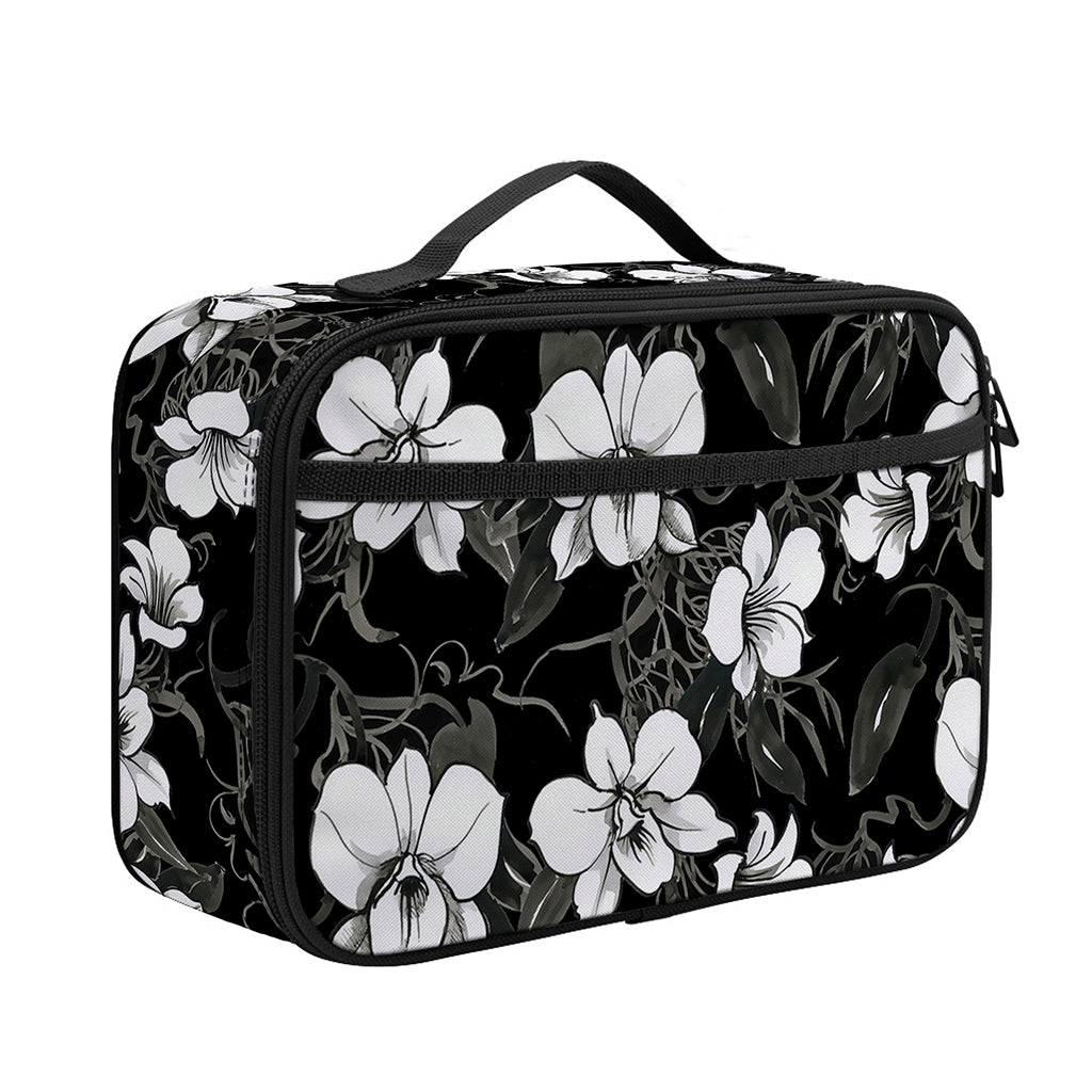 Black And White Cattleya Pattern Print Portable Lunch Bag