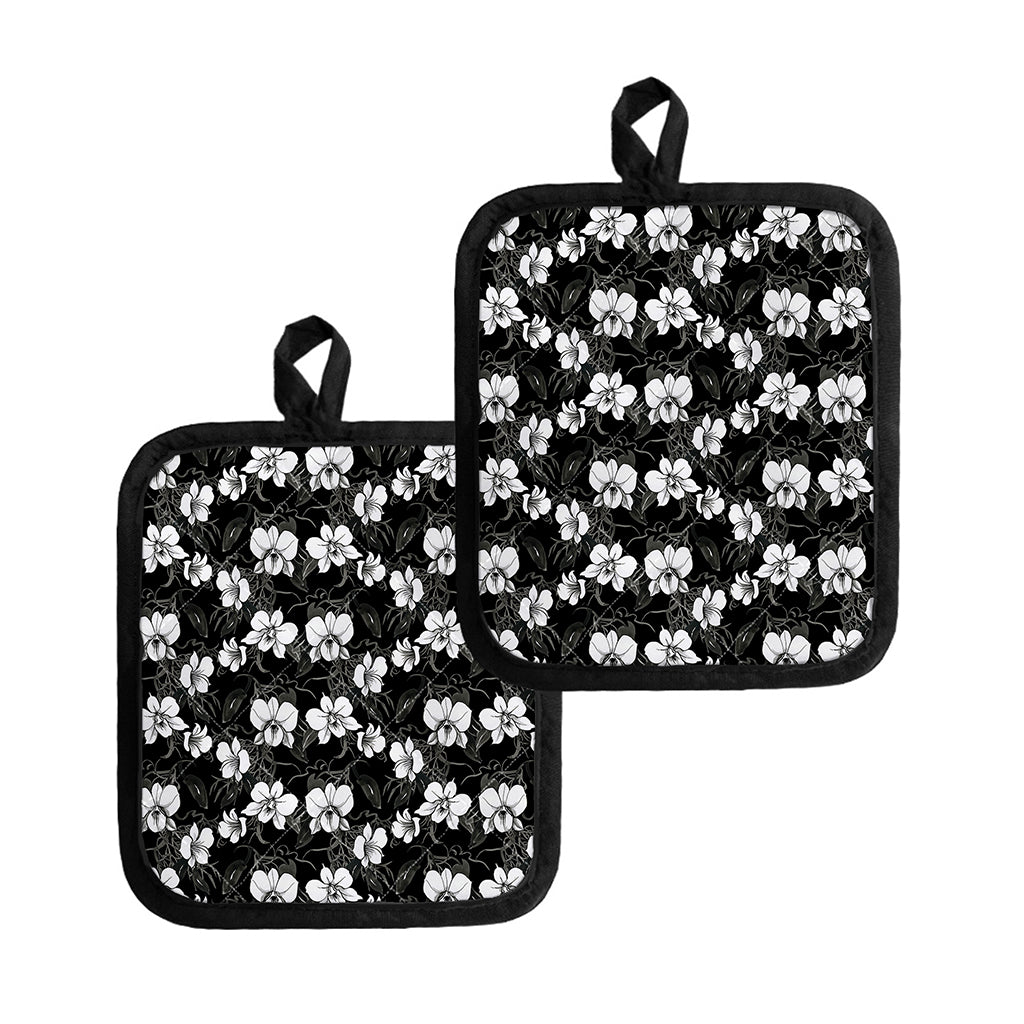 Black And White Cattleya Pattern Print Pot Holders